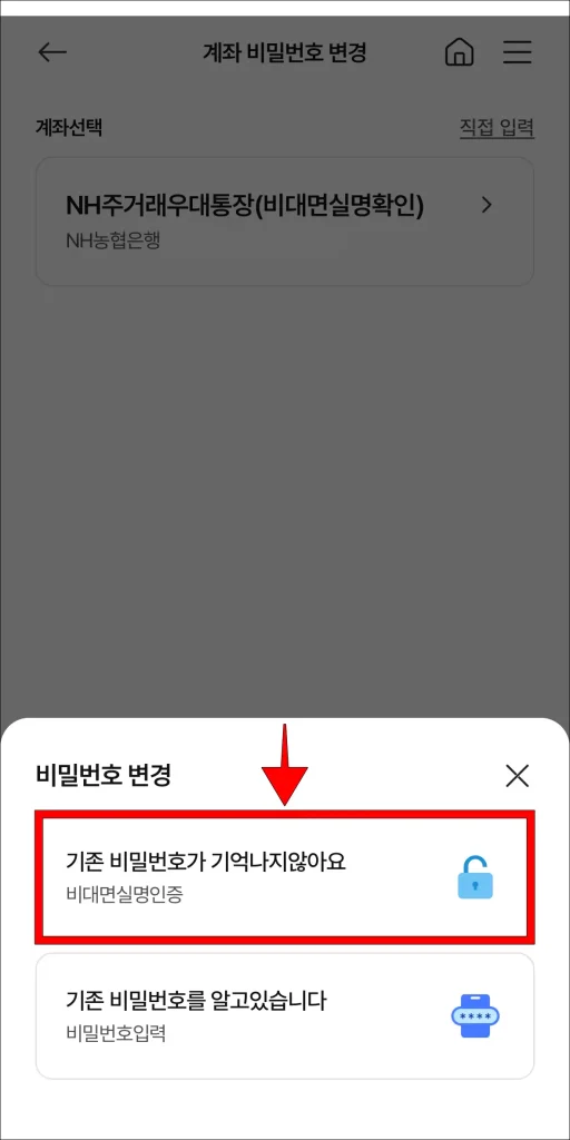 비밀번호 변경 유형 중 '기존 비밀번호가 기억나지 않아요' 선택