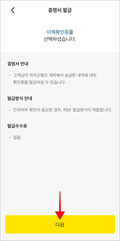 발급 안내 확인 후 '다음' 선택