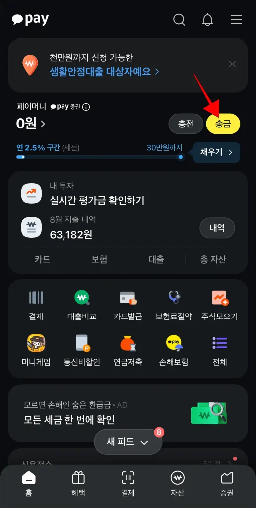 카카오페이에서 '송금' 버튼을 선택