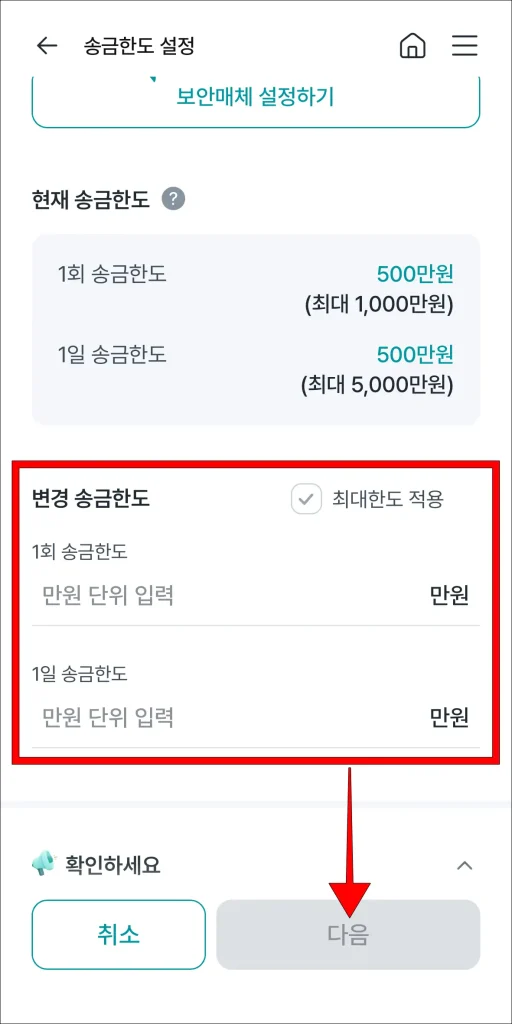 변경 송금한도 입력 후 '다음' 선택