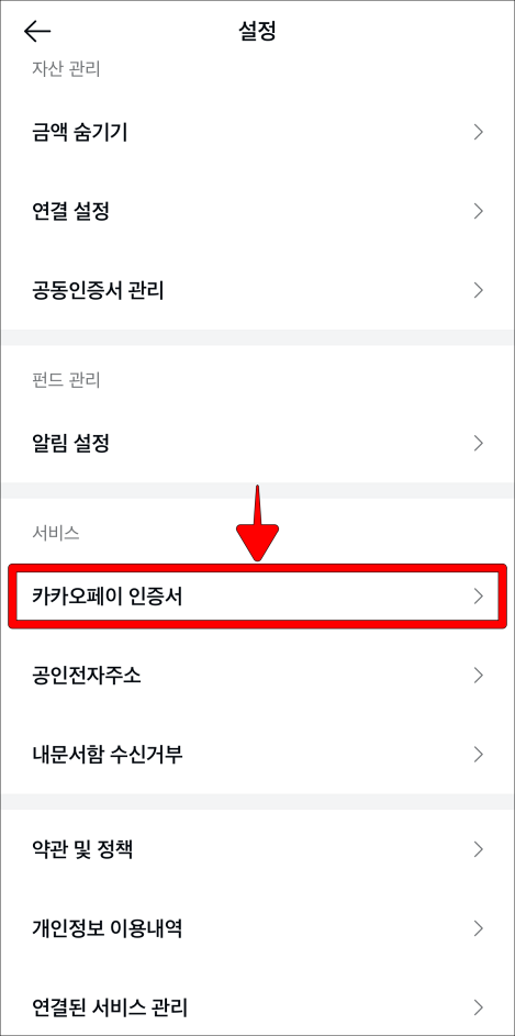 설정 중 '카카오페이 인증서'를 선택
