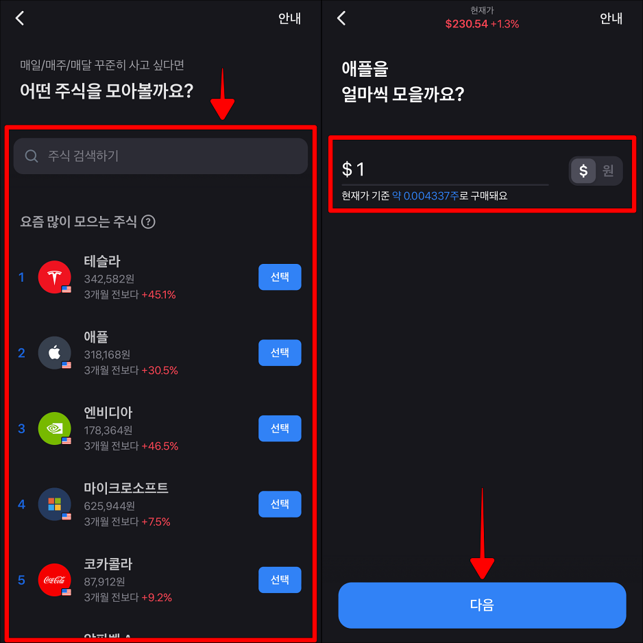 모으기를 진행할 주식을 선택하고, 금액을 입력한 뒤, 다음을 선택