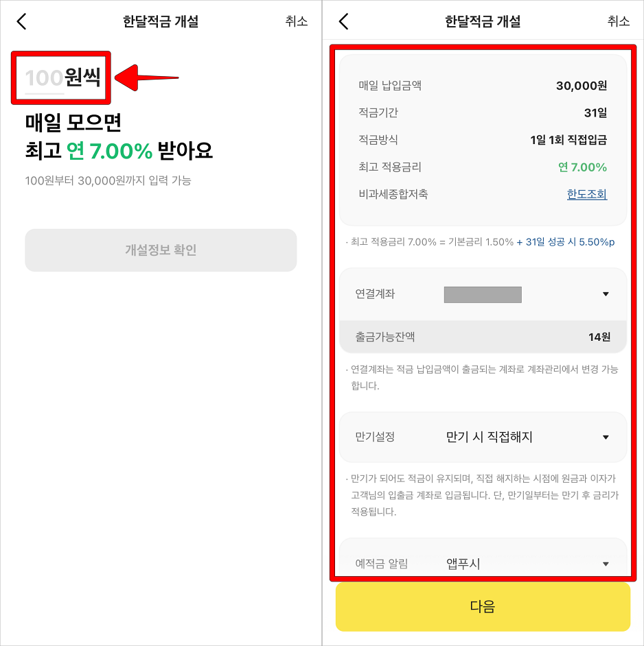 금액을 입력하고, 개설정보를 확인