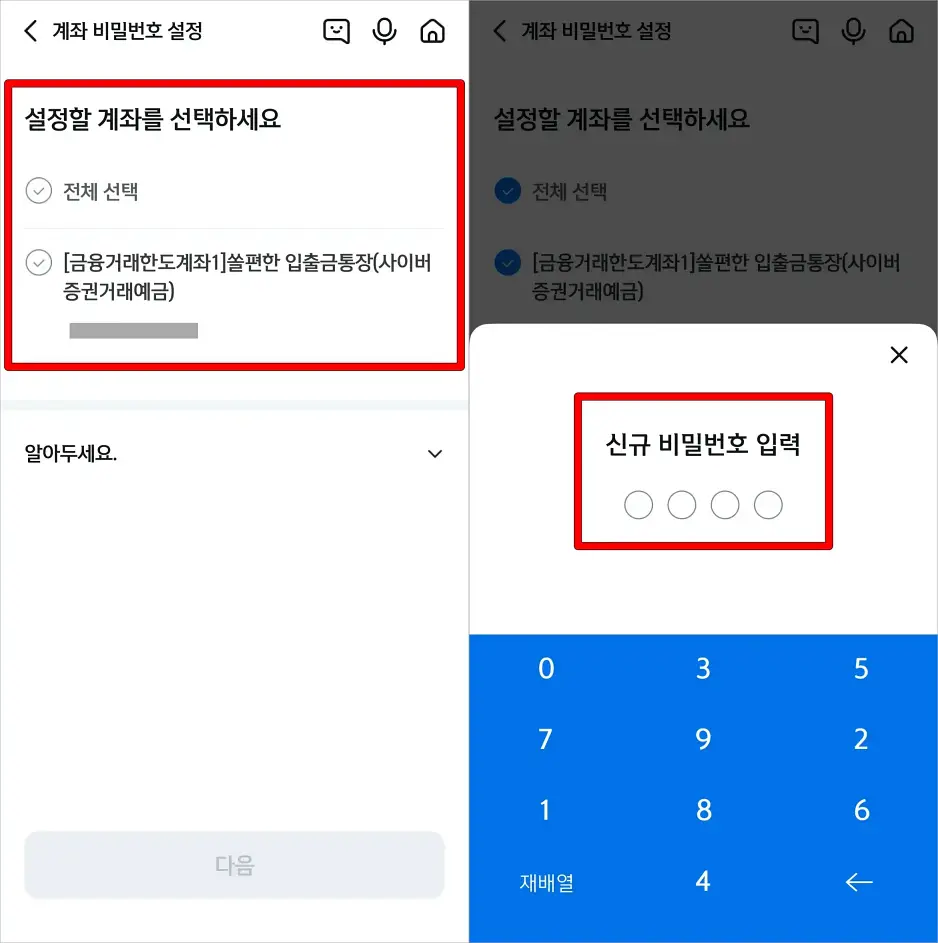 계좌 비밀번호를 설정할 계좌를 선택하고, 신규 비밀번호를 입력