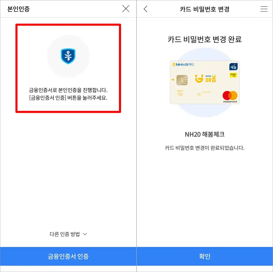 금융인증서 또는 다른 인증 방법을 통해 본인인증을 진행하여 카드 비밀번호 변경을 완료