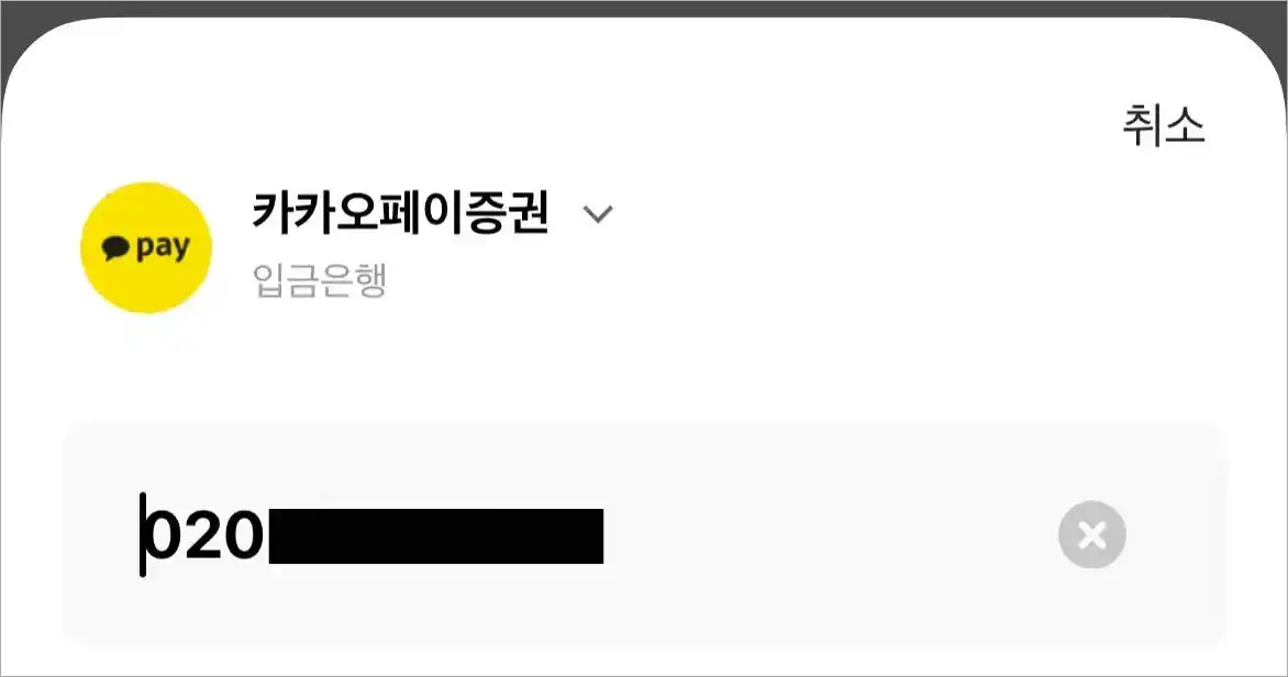 입금은행을 카카오페이증권으로 설정하고 계좌번호를 입력하여 이체를 진행