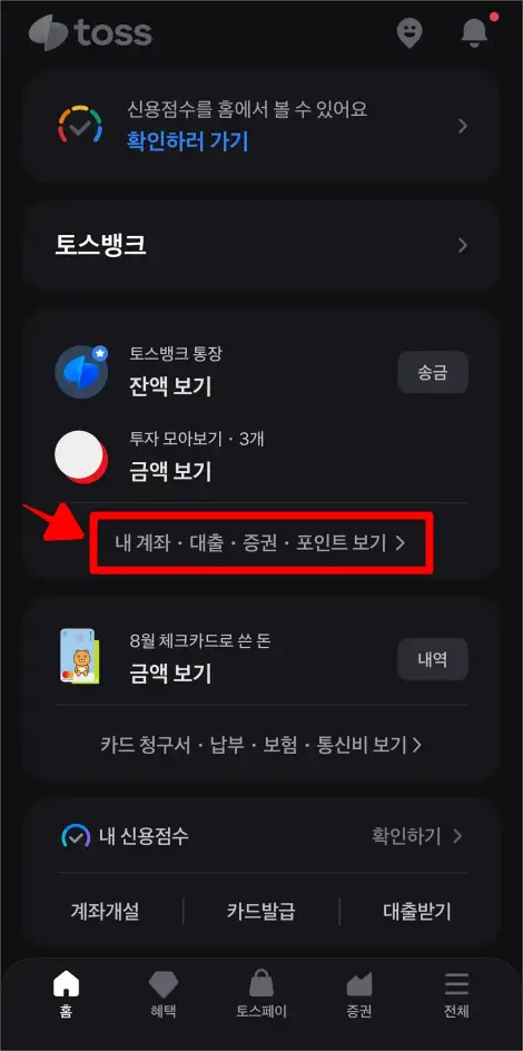 토스 홈 화면의 '내 계좌·대출·증권·포인트 보기'를 선택