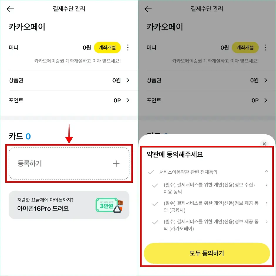 카카오페이의 결제수단 관리에서 카드의 '등록하기'를 선택하고, 서비스 이용약관에 동의