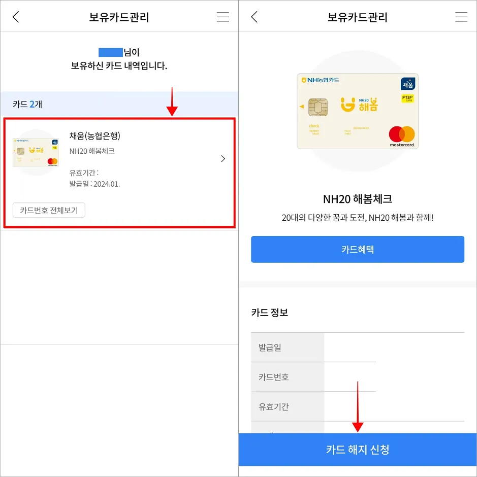 보유한 카드를 선택하고, 카드 관리 화면의 '카드 해지 신청'을 선택