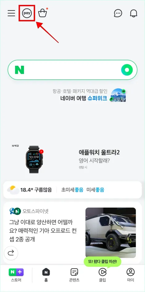 네이버 화면 왼쪽 상단의 'pay' 버튼을 선택