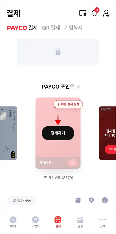 결제 메뉴의 결제수단 중 PAYCO 포인트의 '결제하기'를 선택