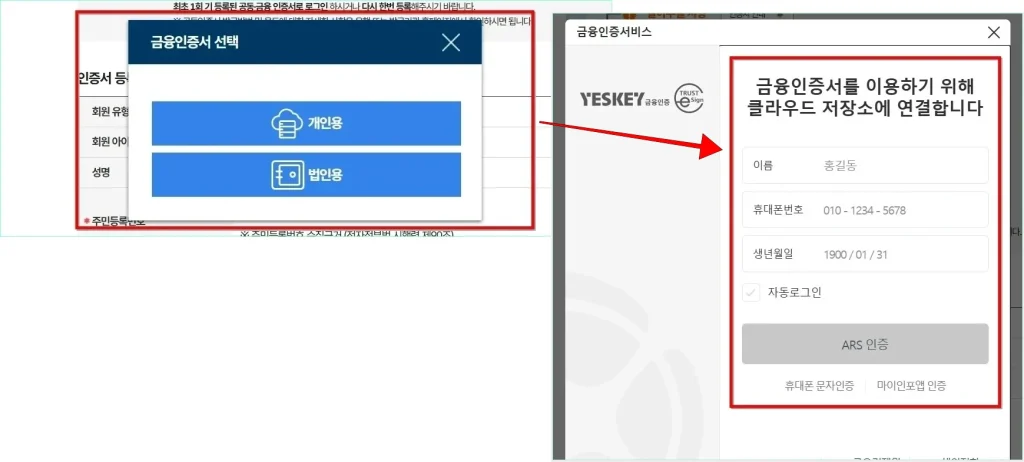 금융인증서 종류를 선택한 후 이름과 휴대폰번호, 생년월일을 입력하고 인증을 진행하여 클라우드 저장소에 연결