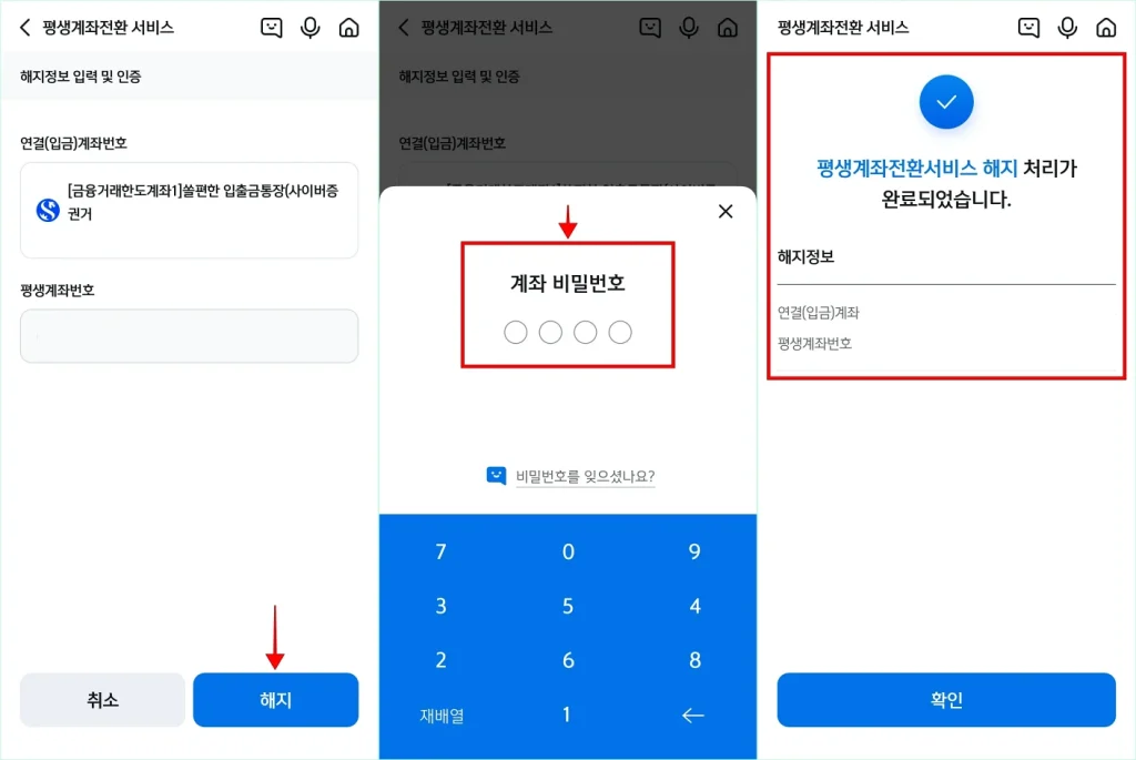 해지 정보를 확인하고 '해지'를 선택한 후 계좌 비밀번호를 입력하여 평생계좌전환서비스 해지 완료