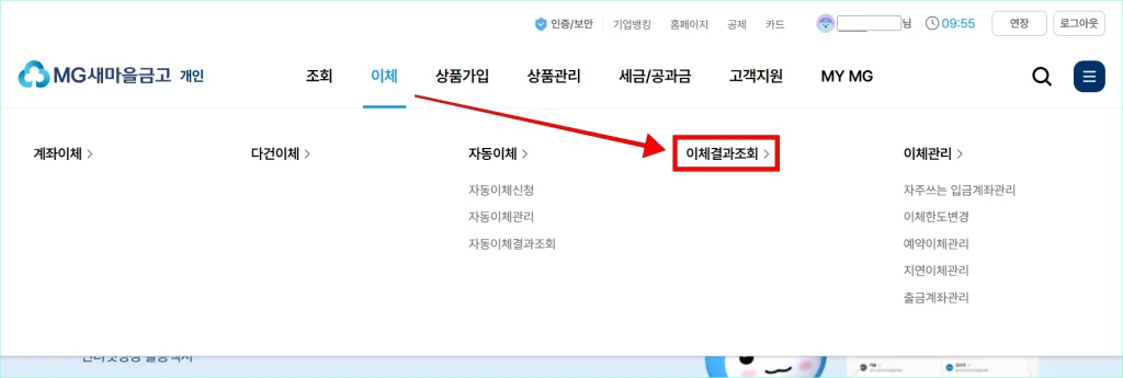 인터넷뱅킹의 이체 메뉴에서 '이체결과조회'를 선택