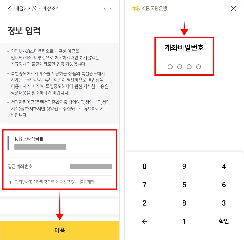 해지 정보를 입력하고 다음을 선택한 후 계좌 비밀번호를 입력