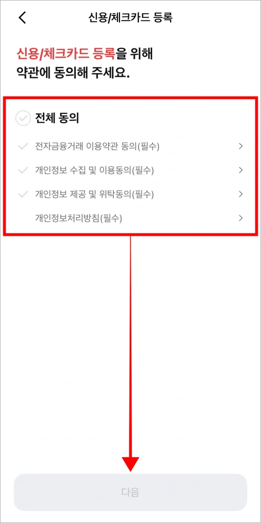 신용/체크카드 등록을 위한 약관에 동의하고 다음을 선택