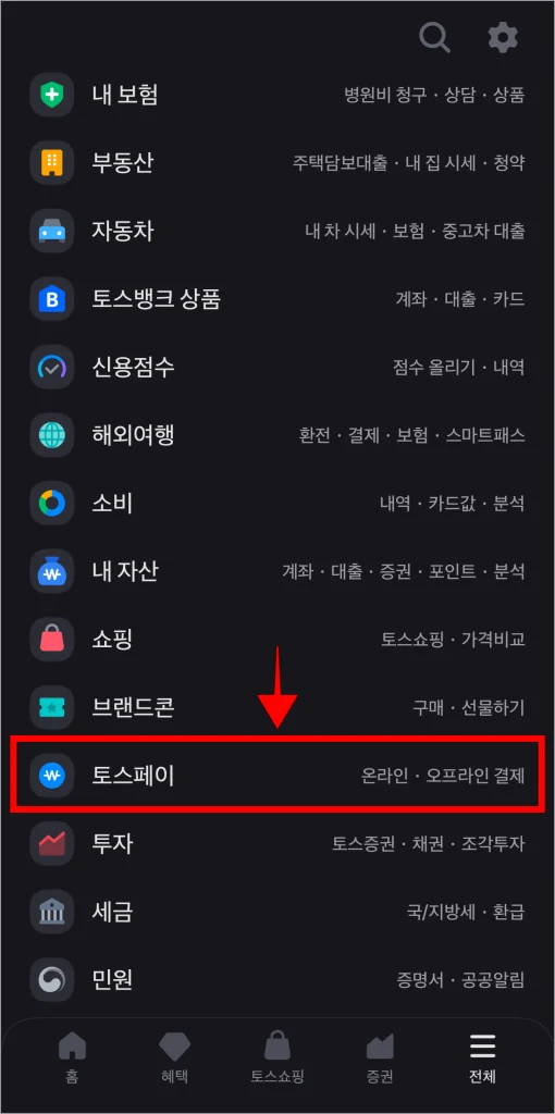 전체 메뉴에서 '토스페이'를 선택