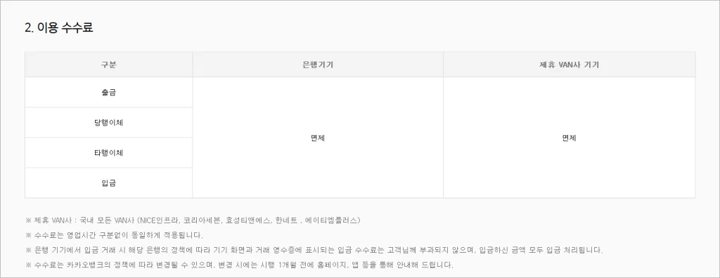 카카오뱅크의 ATM 이용 수수료 안내로 출금, 당행이체, 타행이체, 입금 수수료가 은행 기기와 제휴 VAN사 기기에서 모두 면제