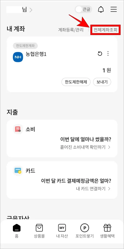 NH올원뱅크 앱을 실행하고, '전체계좌조회'를 선택
