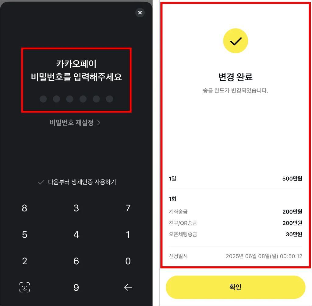 카카오페이의 비밀번호를 입력하여 송금한도 변경을 완료