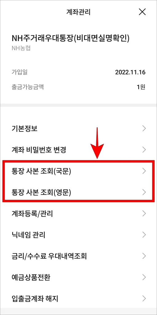 계좌 관리 메뉴 중 '통장사본 조회(국문/영문)'을 선택