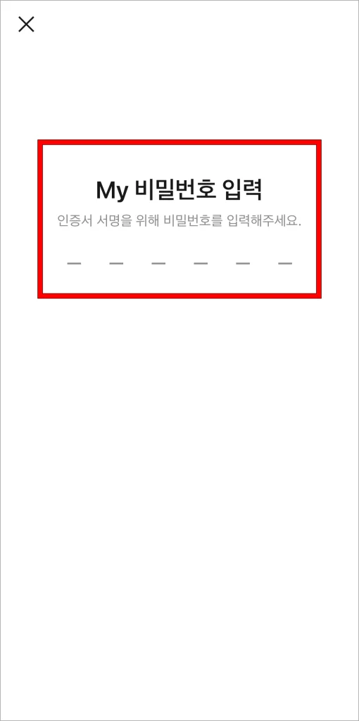 인증서 서명을 위해 카카오 인증서의 My 비밀번호를 입력