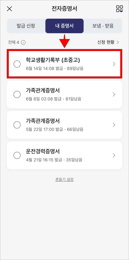 발급된 학교생활기록부(초중고) 문서를 확인