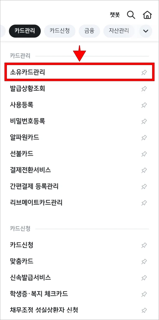 KB Pay의 전체 메뉴에서 카드관리의 '소유카드관리'를 선택