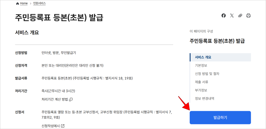 주민등록표 등본(초본) 발급의 서비스 개요를 확인하고, '발급하기'를 선택