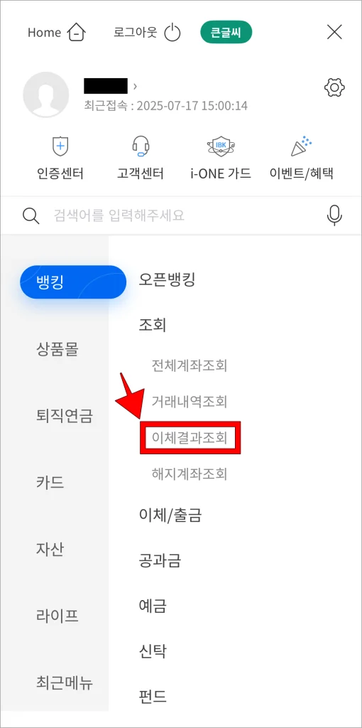 조회 메뉴의 '이체결과조회'를 선택