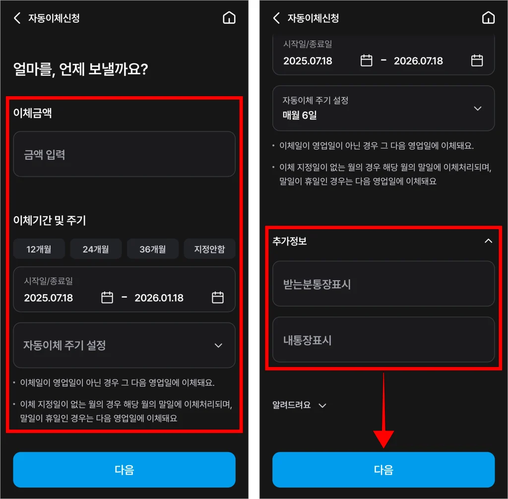이체금액과 이체기간 및 주기, 추가정보를 입력하고, 다음을 선택