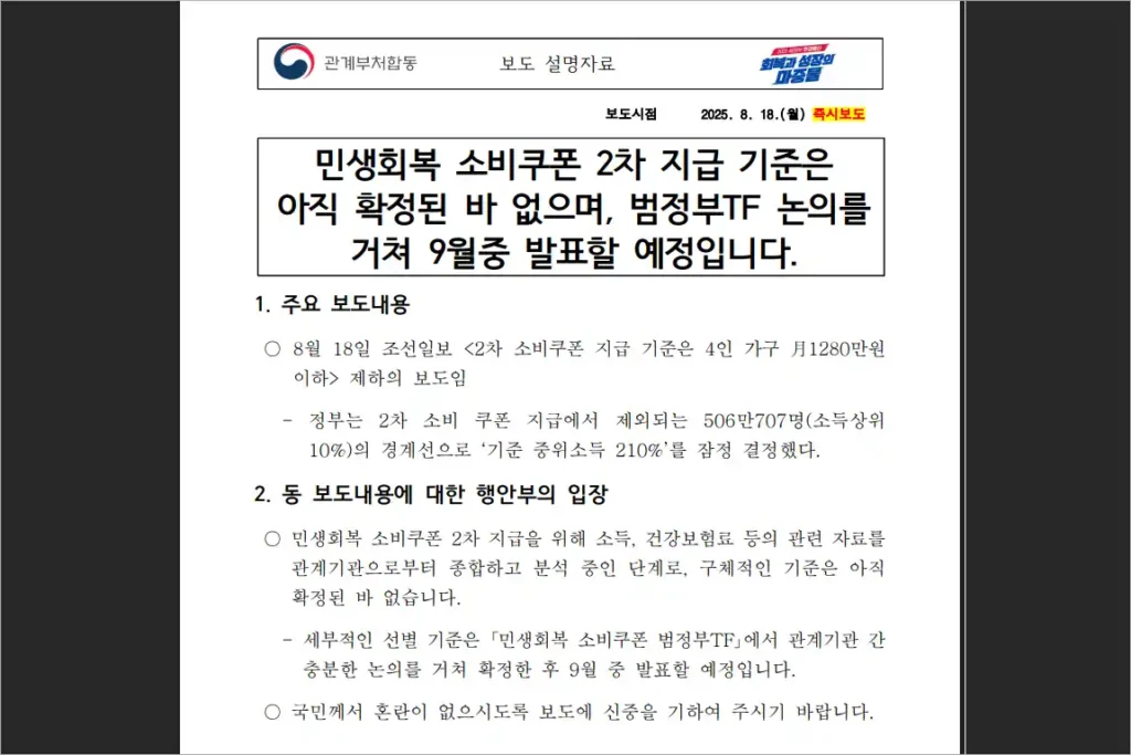 민생회복 소비쿠폰 2차 지급 기준은 아직 확정된 바 없으며, 범정부TF 논의를 거쳐 9월중 발표할 예정이라는 보도 설명자료