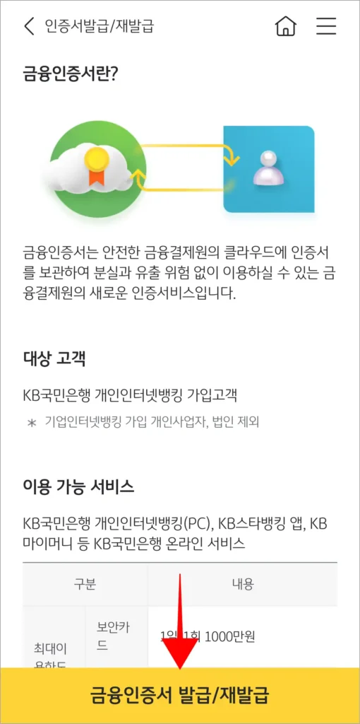 인증서 발급/재발급 화면의 금융인증서 관련 정보를 확인하고, '금융인증서 발급/재발급'을 선택