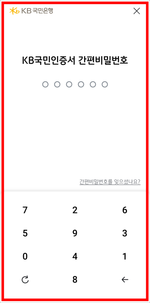 KB국민인증서의 비밀번호를 입력해 본인인증을 완료