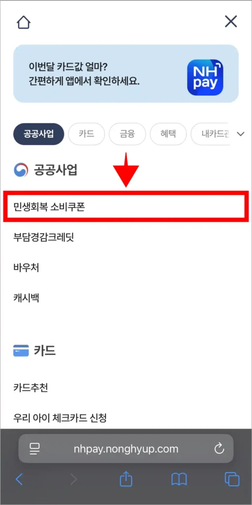 전체 메뉴에서 공공사업 메뉴의 '민생회복 소비쿠폰'을 선택
