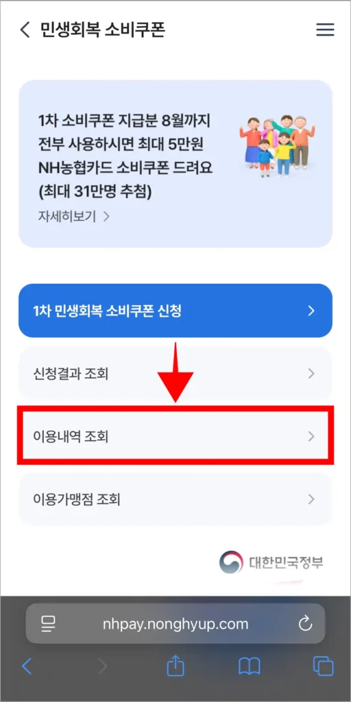 민생회복 소비쿠폰 메뉴 중 '이용내역 조회'를 선택