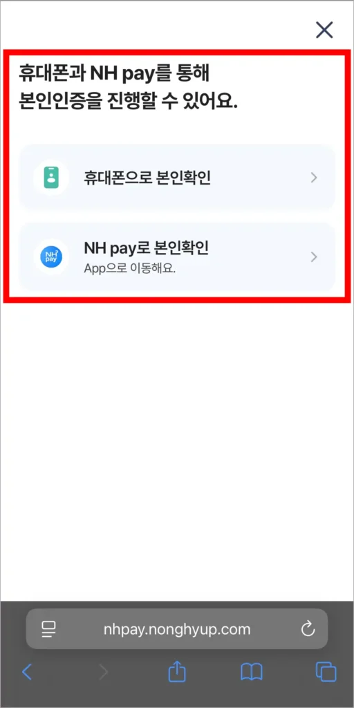 휴대폰 또는 NH pay로 본인확인