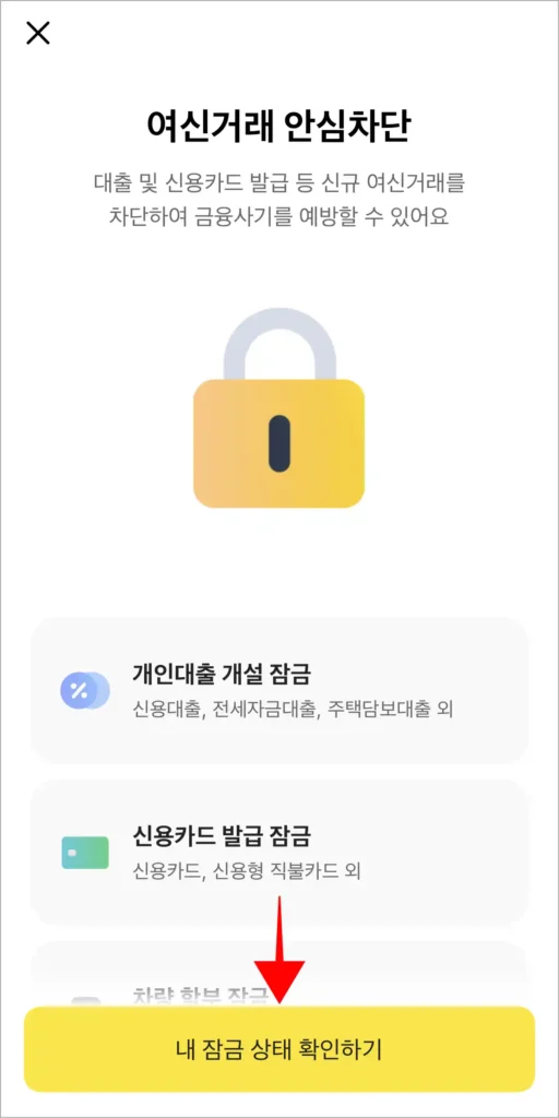 여신거래 안심차단 메뉴 화면의 '내 잠금 상태 확인하기'를 선택