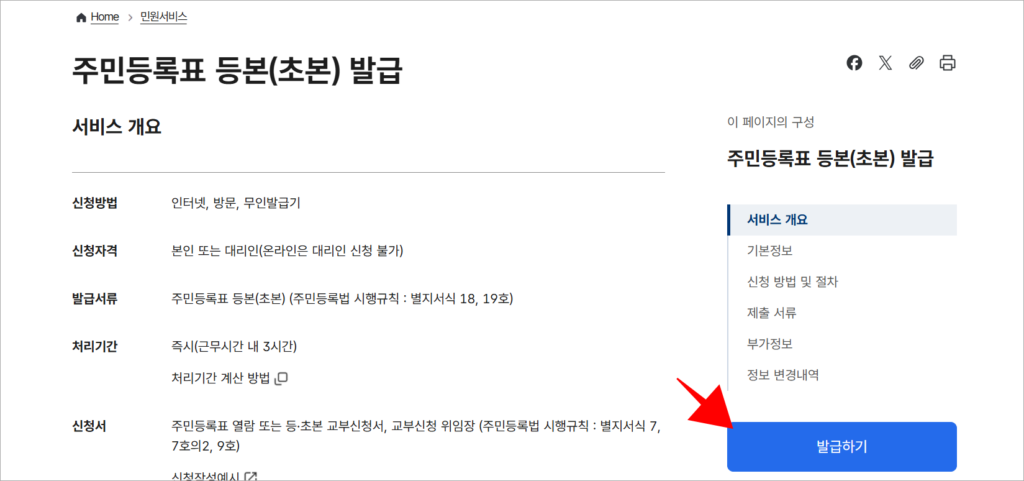 주민등록표 등본(초본) 발급 서비스 화면의 '발급하기'를 선택