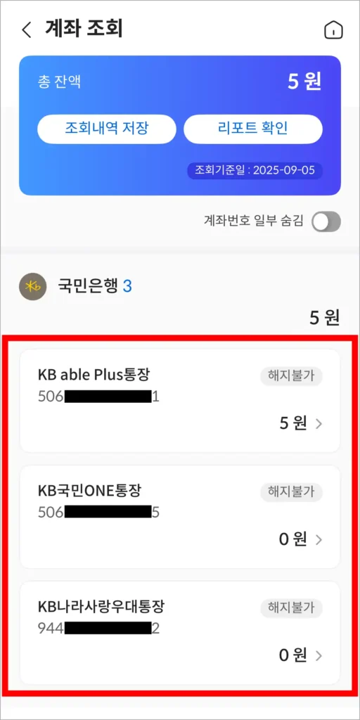 조회된 국민은행 계좌 정보를 확인