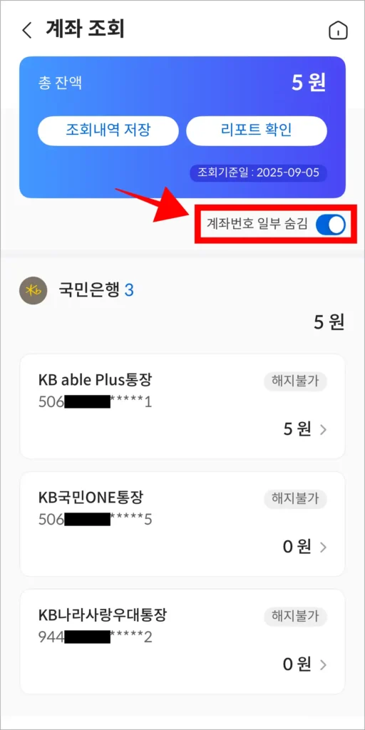 계좌 조회 화면의 '계좌번호 일부 숨김' 기능을 선택