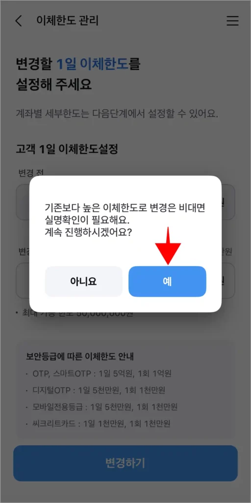 화면에 표시된 비대면 실명확인 안내 메시지의 '예'를 선택