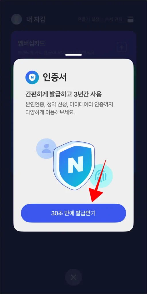 인증서 안내의 '30초 만에 발급받기'를 선택