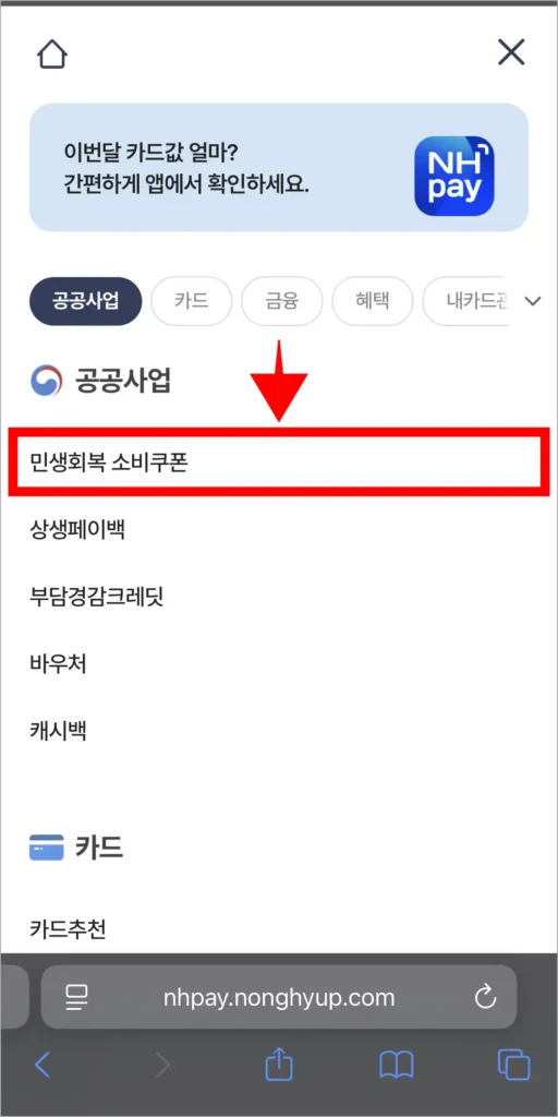NH농협카드 홈페이지의 전체 메뉴에서 '민생회복 소비쿠폰' 메뉴를 선택