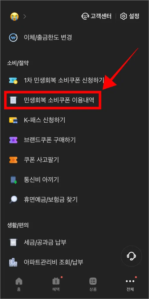전체 메뉴에서 '민생회복 소비쿠폰 이용내역'을 선택