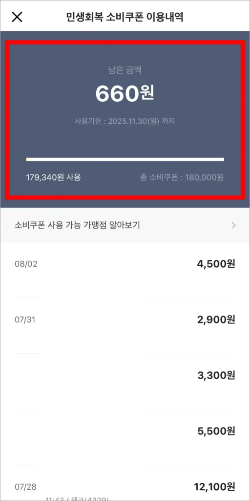 이용내역과 함께 소비쿠폰의 잔액을 확인