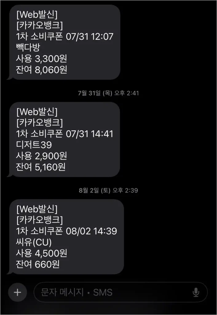 소비쿠폰 결제 시 받아볼 수 있는 결제 관련 안내 메시지