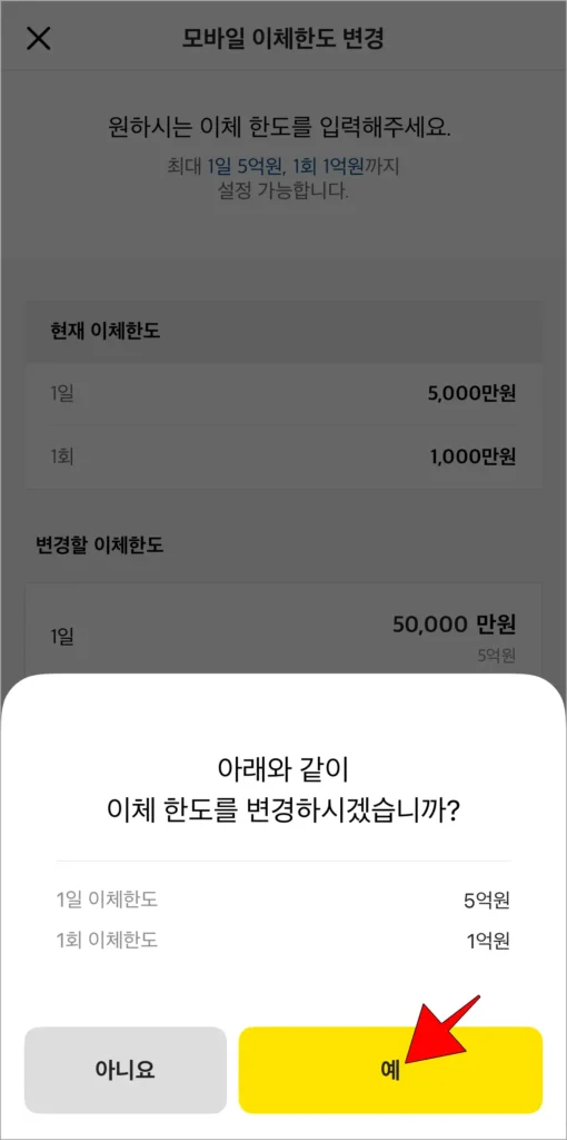 변경되는 한도 정보를 확인하고, 예를 선택