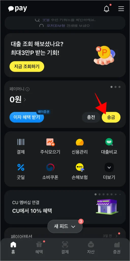 카카오페이의 홈 화면에서 송금을 선택