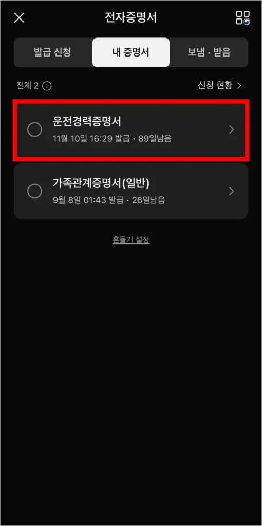 발급된 운전경력증명서 확인